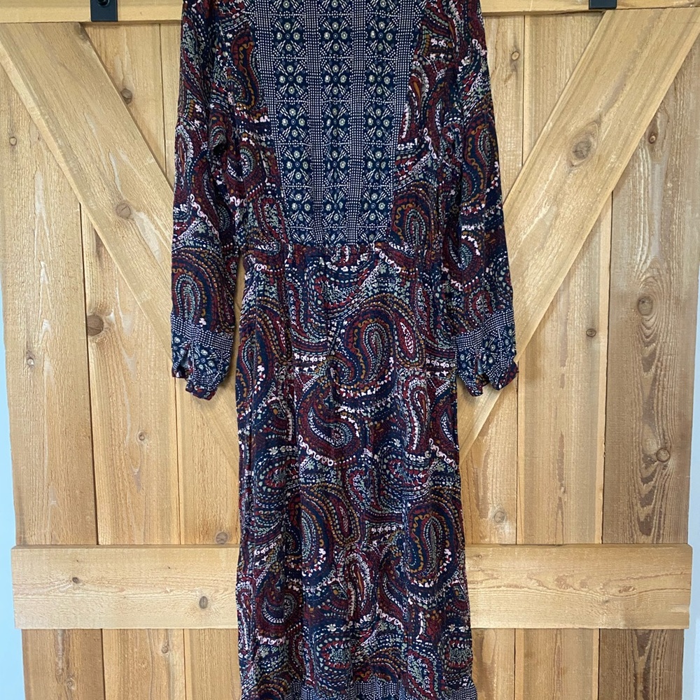 Knox Rose Women Long Sleeve Button Maxi Dress Multi Navy Blue Paisley Sz S Boho